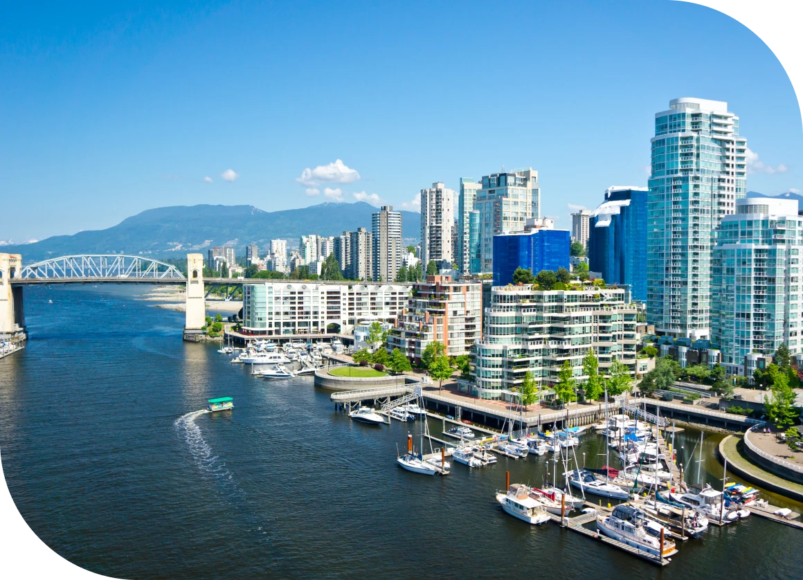 Modern city buildings by the waterway