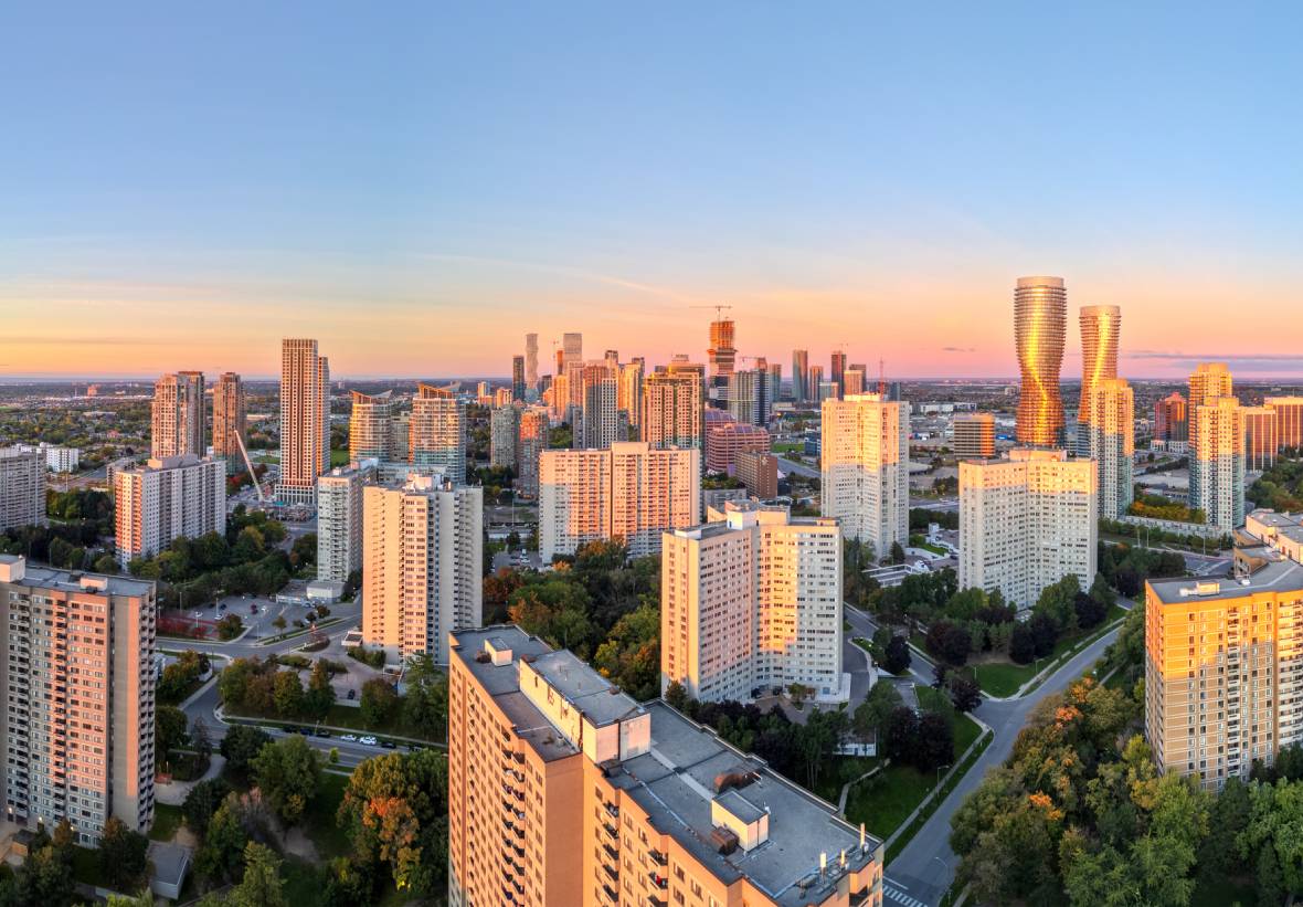 City skyline at sunset