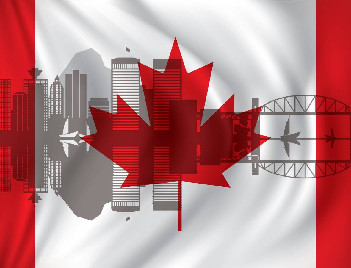 Maple leaf symbol over cityscape background