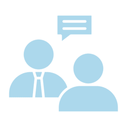 Two abstract figures communicating, one with a speech bubble.