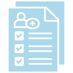Icon of two documents with checklists and a user add symbol.
