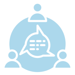Three people connected through a speech bubble in a circle.