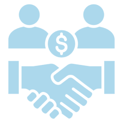 Icon of handshake and people exchanging money representing business agreement.