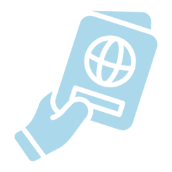 Hand holding a blue passport with a globe symbol.