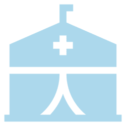 Blue hospital building icon with a person and a cross symbol.