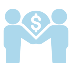 Two figures exchanging money symbolizing financial transaction.